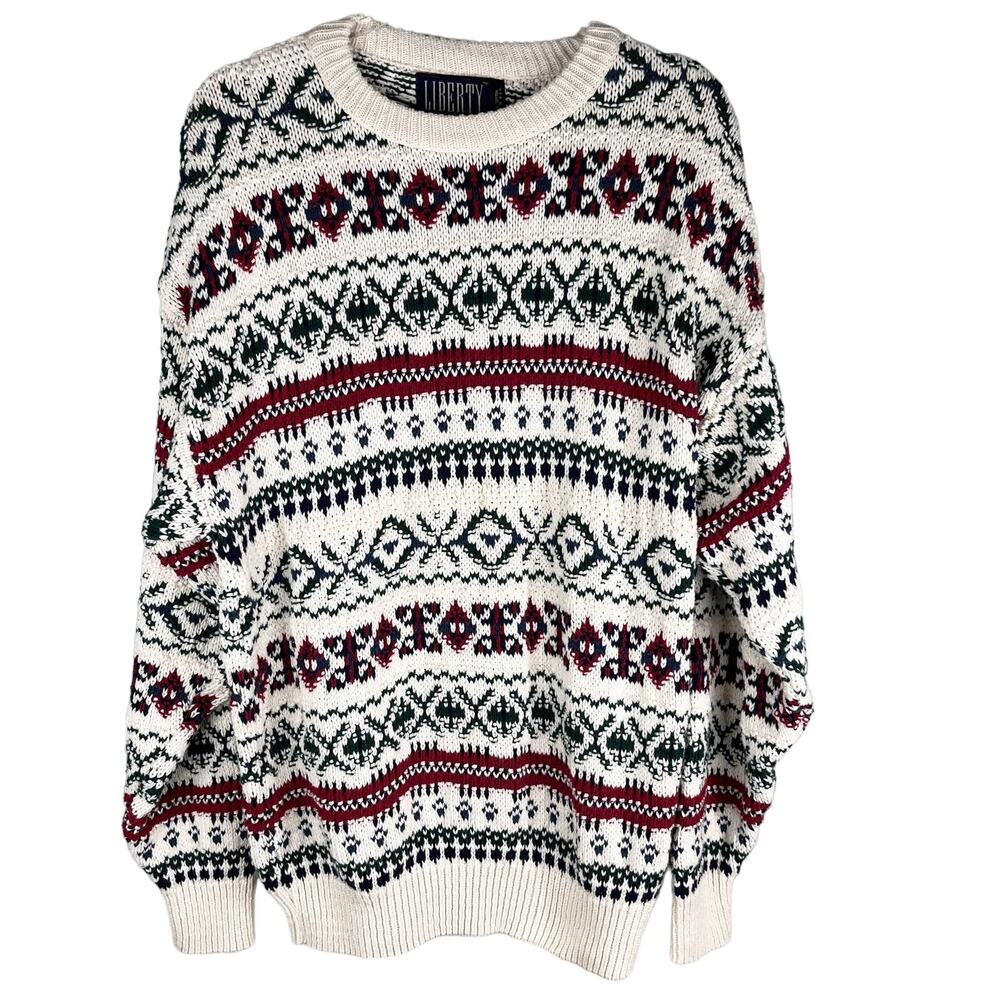 Liberty Vintage Sweater Large Cream Grandpa Cream Green Red Blue